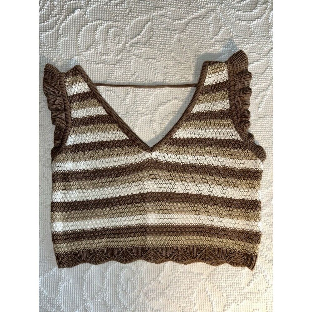 Madden NYC Striped Knit Cropped Ruffle Tank Top M Earth Tones Sleeveless